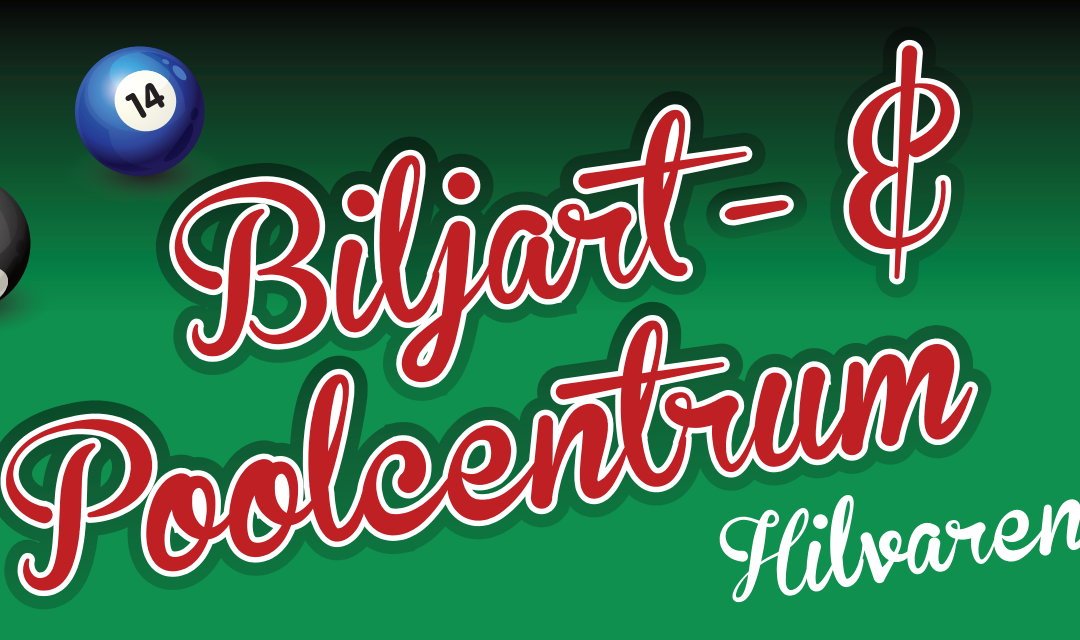Logo van Biljart & poolcentrum in Hilvarenbeek. Rode letters met 3 biljartballen.