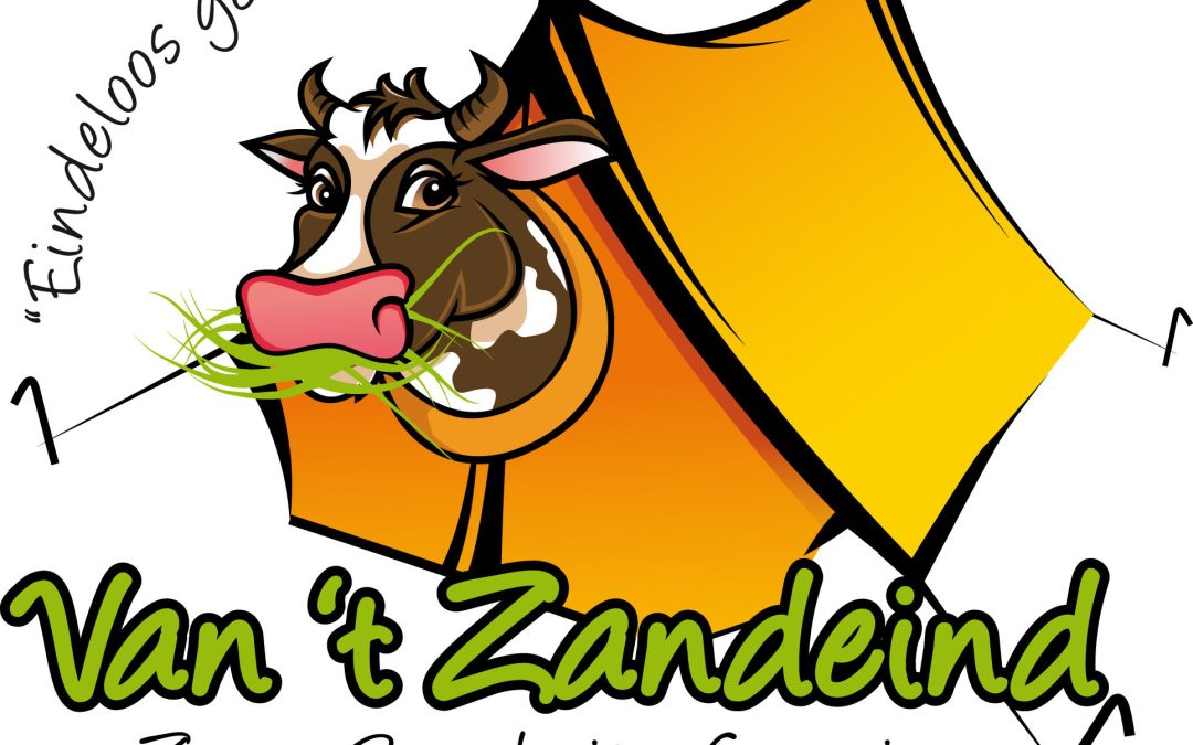 Een logo van zorg, boerderij, camping van 't Zandeind. Een koe in een gele tent die gras aan het eten is. "Eindeloos genieten"